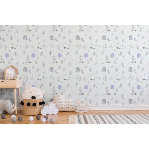 As-Creation Little Love 38117-1 Gyerekszobai Natur erdő nyuszikkal és sünökkel fehér levendula szürke tapéta