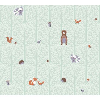   As-Creation Little Love 38119-2 Gyerekszobai Natur erdei állatok zöld szürke barna vörös tapéta