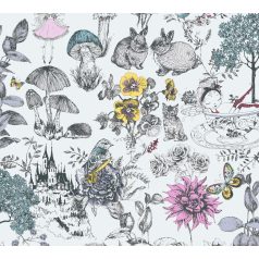   As-Creation Little Love 38120-1 Gyerekszobai virágok gombák állatok és az elvarázsolt kastéy fehér fekete szines tapéta