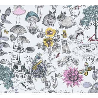   As-Creation Little Love 38120-1 Gyerekszobai virágok gombák állatok és az elvarázsolt kastéy fehér fekete szines tapéta