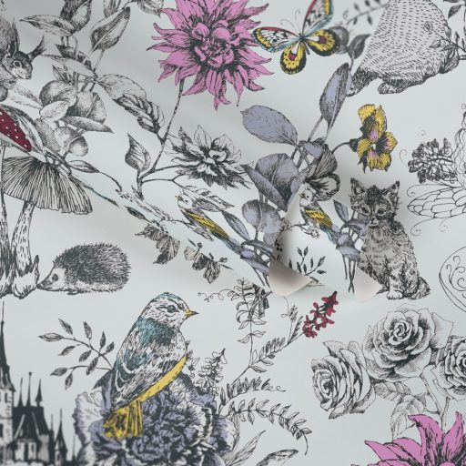 As-Creation Little Love 38120-1 Gyerekszobai virágok gombák állatok és az elvarázsolt kastéy fehér fekete szines tapéta