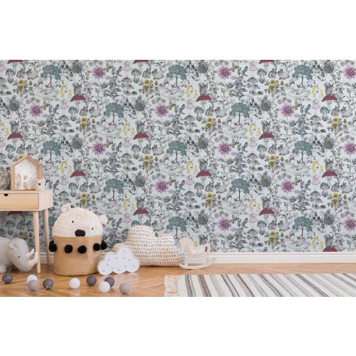As-Creation Little Love 38120-1 Gyerekszobai virágok gombák állatok és az elvarázsolt kastéy fehér fekete szines tapéta