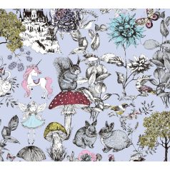   As-Creation Little Love 38120-2 Gyerekszobai virágok gombák állatok és az elvarázsolt kastéy szürke/kékesszürke fekete szines tapéta