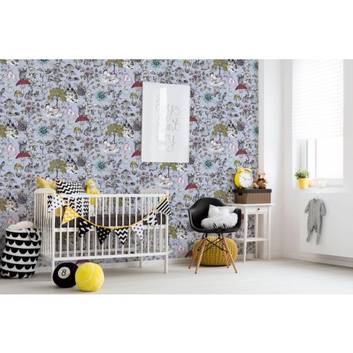 As-Creation Little Love 38120-2 Gyerekszobai virágok gombák állatok és az elvarázsolt kastéy szürke/kékesszürke fekete szines tapéta