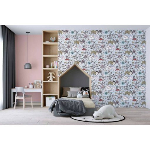 As-Creation Little Love 38120-2 Gyerekszobai virágok gombák állatok és az elvarázsolt kastéy szürke/kékesszürke fekete szines tapéta
