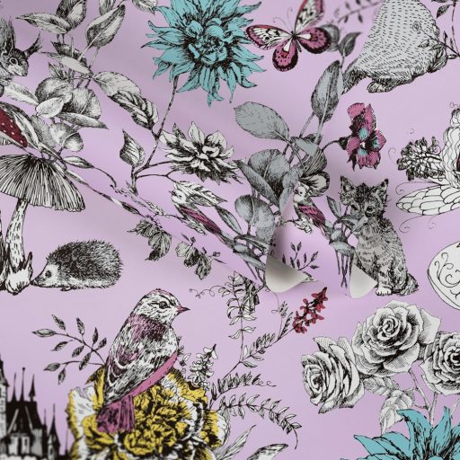 As-Creation Little Love 38120-3 Gyerekszobai virágok gombák állatok és az elvarázsolt kastéy rózsaszín fekete szines tapéta