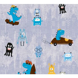   As-Creation Little Love 38121-1 Gyerekszobai Monster Szörnyecskék kék szürke sárga barna fekete tapéta