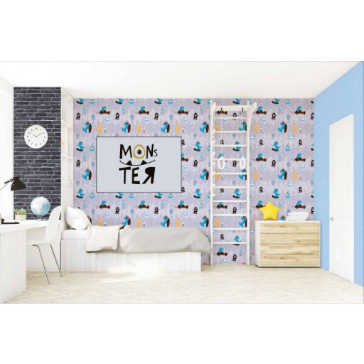 As-Creation Little Love 38121-1 Gyerekszobai Monster Szörnyecskék kék szürke sárga barna fekete tapéta