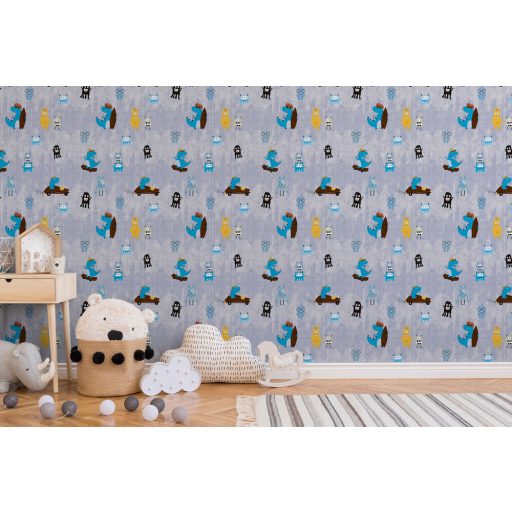 As-Creation Little Love 38121-1 Gyerekszobai Monster Szörnyecskék kék szürke sárga barna fekete tapéta