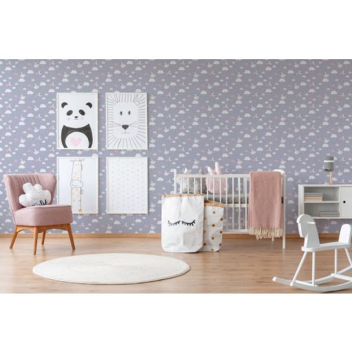 As-Creation Little Love 38125-1 Gyerekszobai Égi játék felhők hold csillagok szürke rózsaszín fehér pink fekete tapéta