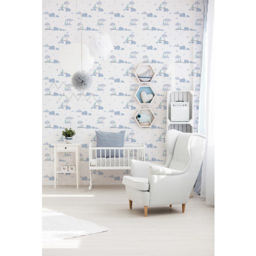 As-Creation Little Love 38128-1 Gyerekszobai Elefántcsalád fehér szürke kék zöld tapéta