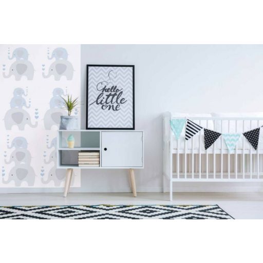 As-Creation Little Love 38135-1 Gyerekszobai Játékos elefántok egymás hegyén-hátán panelszerű megjelenítés fehér szürke kék tapéta