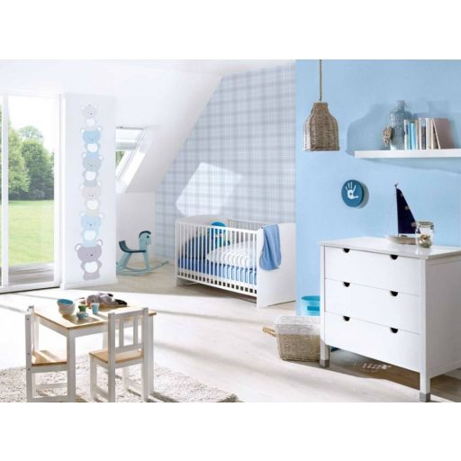 As-Creation Little Love 38136-1 Gyerekszobai Teddy mackók egymás fején állva panelszerű megjelenítés fehér szürke kék bézs tapéta