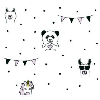   As-Creation Little Love 38138-1 Gyerekszobai Láma panda unikornis stb pöttyös alapon fehér rózsaszín fekete tapéta