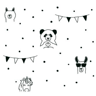   As-Creation Little Love 38138-2  Gyerekszobai Láma panda unikornis stb pöttyös alapon fehér fekete tapéta