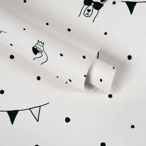 As-Creation Little Love 38138-2  Gyerekszobai Láma panda unikornis stb pöttyös alapon fehér fekete tapéta