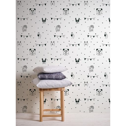As-Creation Little Love 38138-2  Gyerekszobai Láma panda unikornis stb pöttyös alapon fehér fekete tapéta