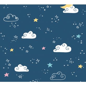   As-Creation Little Love 38141-1 Gyerekszobai Boldog gyermeki álom holdfényes csillagos elszórtan felhős ég alatt kék fehér sárga rózsaszín tapéta