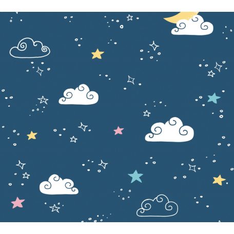 As-Creation Little Love 38141-1 Gyerekszobai Boldog gyermeki álom holdfényes csillagos elszórtan felhős ég alatt kék fehér sárga rózsaszín tapéta