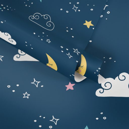 As-Creation Little Love 38141-1 Gyerekszobai Boldog gyermeki álom holdfényes csillagos elszórtan felhős ég alatt kék fehér sárga rózsaszín tapéta