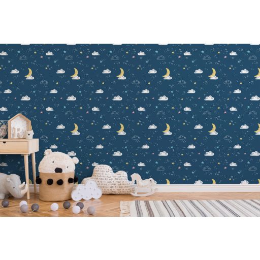 As-Creation Little Love 38141-1 Gyerekszobai Boldog gyermeki álom holdfényes csillagos elszórtan felhős ég alatt kék fehér sárga rózsaszín tapéta