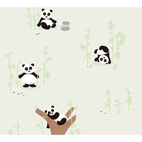 As-Creation Little Love 38142-1 Gyerekszobai Pandák a bambuszligetben fehér fekete zöld barna tapéta