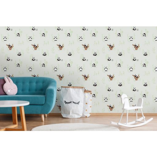 As-Creation Little Love 38142-1 Gyerekszobai Pandák a bambuszligetben fehér fekete zöld barna tapéta