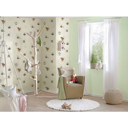 As-Creation Little Love 38142-1 Gyerekszobai Pandák a bambuszligetben fehér fekete zöld barna tapéta