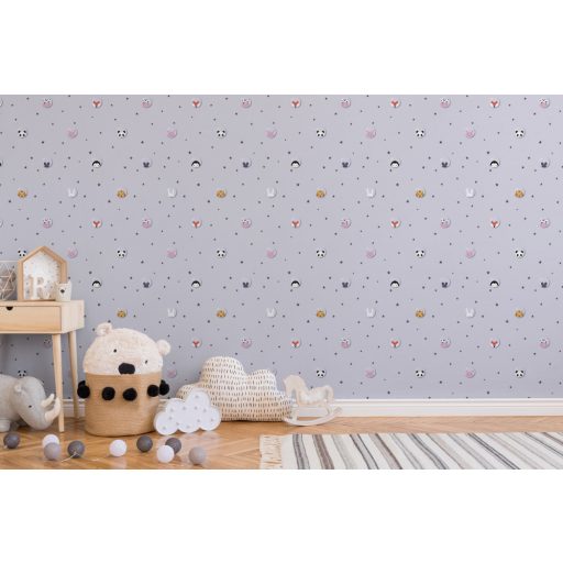 As-Creation Little Love 38143-1 Gyerekszobai Állatok buborékban csillagos háttéren szürkés rózsaszín fehér fekete rózsaszín tapéta