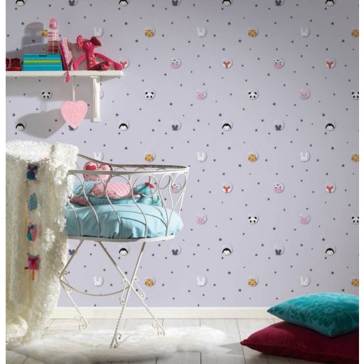 As-Creation Little Love 38143-1 Gyerekszobai Állatok buborékban csillagos háttéren szürkés rózsaszín fehér fekete rózsaszín tapéta