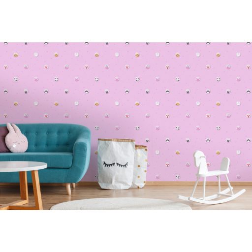 As-Creation Little Love 38143-2 Gyerekszobai Állatok buborékban csillagos háttéren szürkés rózsaszín fehér fekete pink sárga tapéta