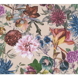   As-Creation Dream Flowery 38175-5 Virágos buja virágmotívum liliomokkal bézs zöld bíbor szines tapéta