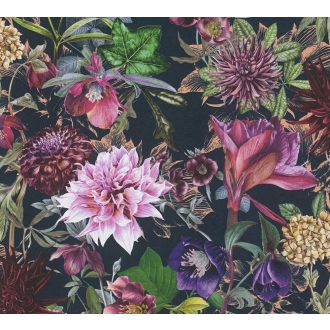   As-Creation Dream Flowery 38175-6 Virágos buja virágmotívum liliomokkal fekete lila zöld szines tapéta