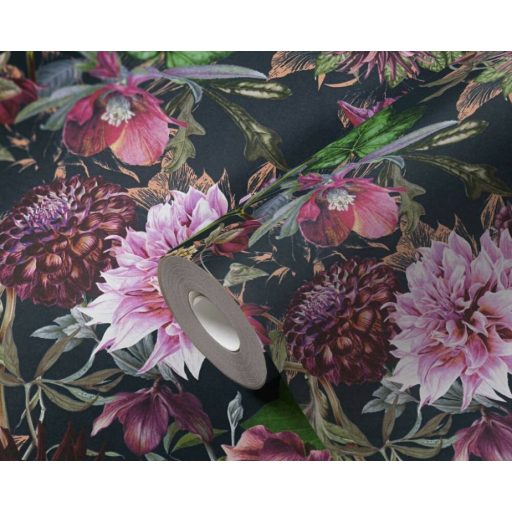 As-Creation Dream Flowery 38175-6 Virágos buja virágmotívum liliomokkal fekete lila zöld szines tapéta