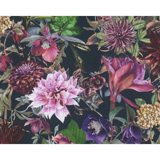 As-Creation Dream Flowery 38175-6 Virágos buja virágmotívum liliomokkal fekete lila zöld szines tapéta
