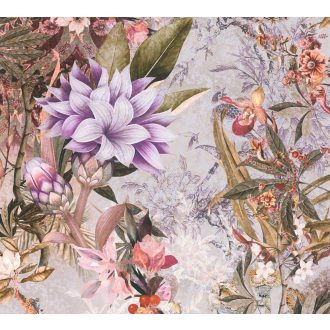   As-Creation Dream Flowery 38177-3 Natur Trópusi Nagyformátumú virágálom szürkésbézs lila vörösesbarna szines tapéta