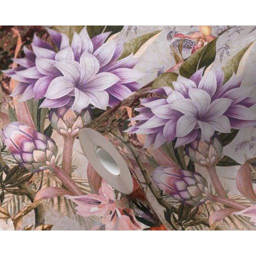As-Creation Dream Flowery 38177-3 Natur Trópusi Nagyformátumú virágálom szürkésbézs lila vörösesbarna szines tapéta