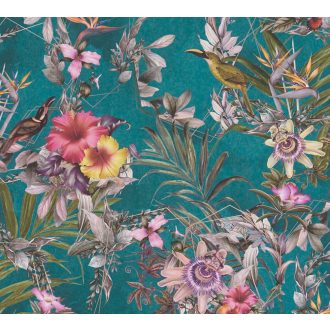   As-Creation Dream Flowery 38178-3 Natur Trópusi buja egzotikus motívum kolibrikkel petrolzöld sárga pink lila szines tapéta