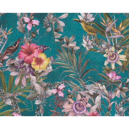 As-Creation Dream Flowery 38178-3 Natur Trópusi buja egzotikus motívum kolibrikkel petrolzöld sárga pink lila szines tapéta
