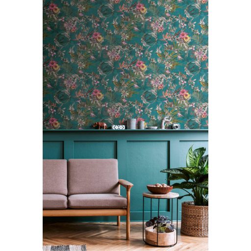 As-Creation Dream Flowery 38178-3 Natur Trópusi buja egzotikus motívum kolibrikkel petrolzöld sárga pink lila szines tapéta