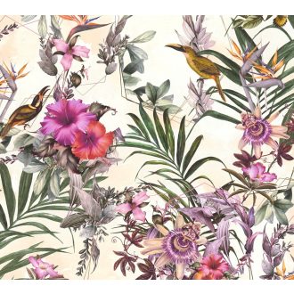   As-Creation Dream Flowery 38178-6 Natur Trópusi buja egzotikus motívum kolibrikkel krémszín lila zöld szines tapéta