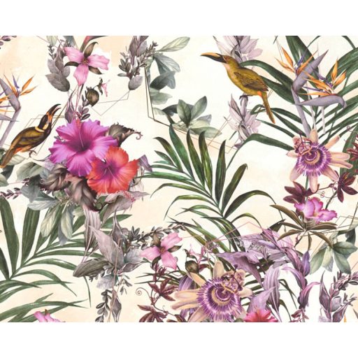 As-Creation Dream Flowery 38178-6 Natur Trópusi buja egzotikus motívum kolibrikkel krémszín lila zöld szines tapéta