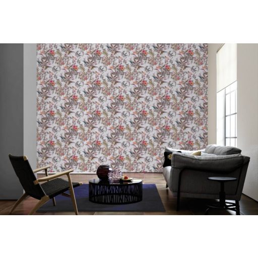 As-Creation Dream Flowery 38178-7 Natur Trópusi buja egzotikus motívum kolibrikkel krémszürke barna lila szines tapéta