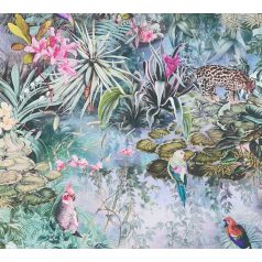   As-Creation Dream Flowery 38179-1 Natur Trópusi buja egzotikus motívum nagymacskákkal papagájokkal halványlila fehér zöld pink szines tapéta