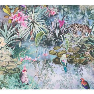   As-Creation Dream Flowery 38179-1 Natur Trópusi buja egzotikus motívum nagymacskákkal papagájokkal halványlila fehér zöld pink szines tapéta