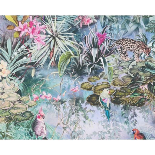 As-Creation Dream Flowery 38179-1 Natur Trópusi buja egzotikus motívum nagymacskákkal papagájokkal halványlila fehér zöld pink szines tapéta