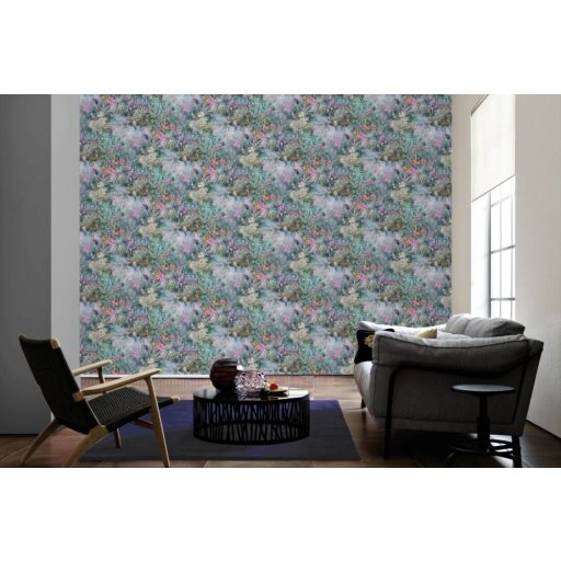As-Creation Dream Flowery 38179-1 Natur Trópusi buja egzotikus motívum nagymacskákkal papagájokkal halványlila fehér zöld pink szines tapéta