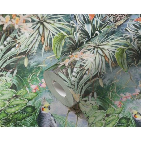 As-Creation Dream Flowery 38179-2 Natur Trópusi buja egzotikus motívum nagymacskákkal papagájokkal fehér rózsaszín zöld szines tapéta