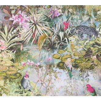   As-Creation Dream Flowery 38179-3 Natur Trópusi buja egzotikus motívum nagymacskákkal papagájokkal kék zöld narancs szines tapéta