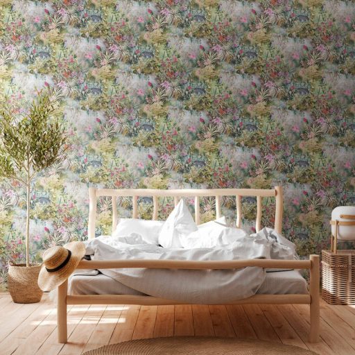 As-Creation Dream Flowery 38179-3 Natur Trópusi buja egzotikus motívum nagymacskákkal papagájokkal kék zöld narancs szines tapéta